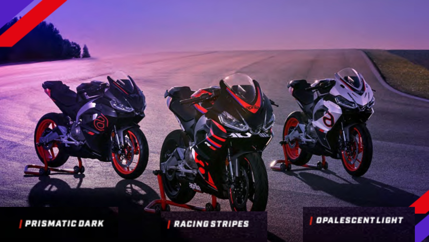 Aprilia RS 457- 1.Prismatic Dark; 2.Racing Strips; 3. Opalescent Light