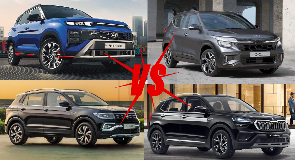 Top Left - Hyundai Creta N-Line, Top Right - Kia Seltos X-Line, Bottom Left - VW Taigun GT, Bottom Left - Skoda Kushaq