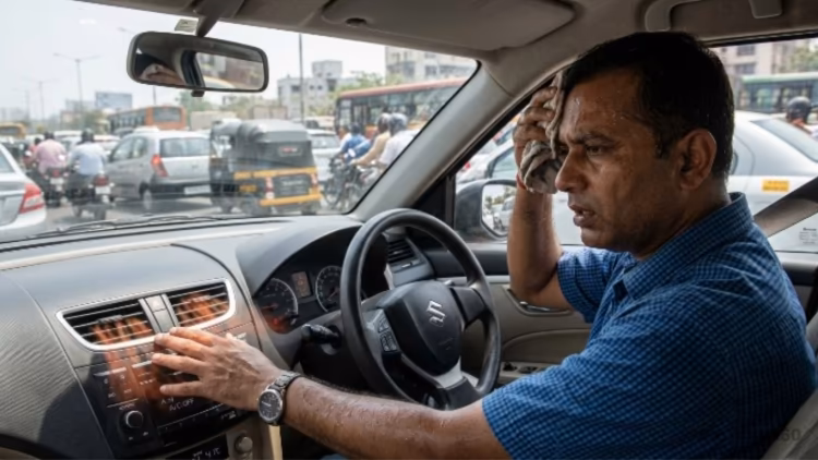 Does Your Car Need an AC Recharge? (Signs & Actual Costs) Sweating driver checking a car AC vent blowing hot air in traffic.