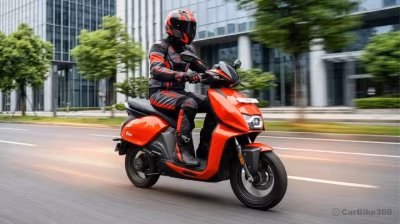 Red Hero Vida V2 electric scooter being ridden on a wide Indian city road, showcasing its modern design, LED lighting, and practical urban commuting capabilities
