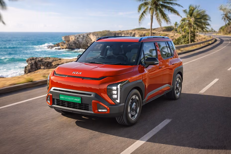 Kia Syros EV Magma Red SUV Left Front Side view with LED Headlight and DRLs Kia Syros EV Magma Red SUV Left Front Side view with LED Headlight and DRLs