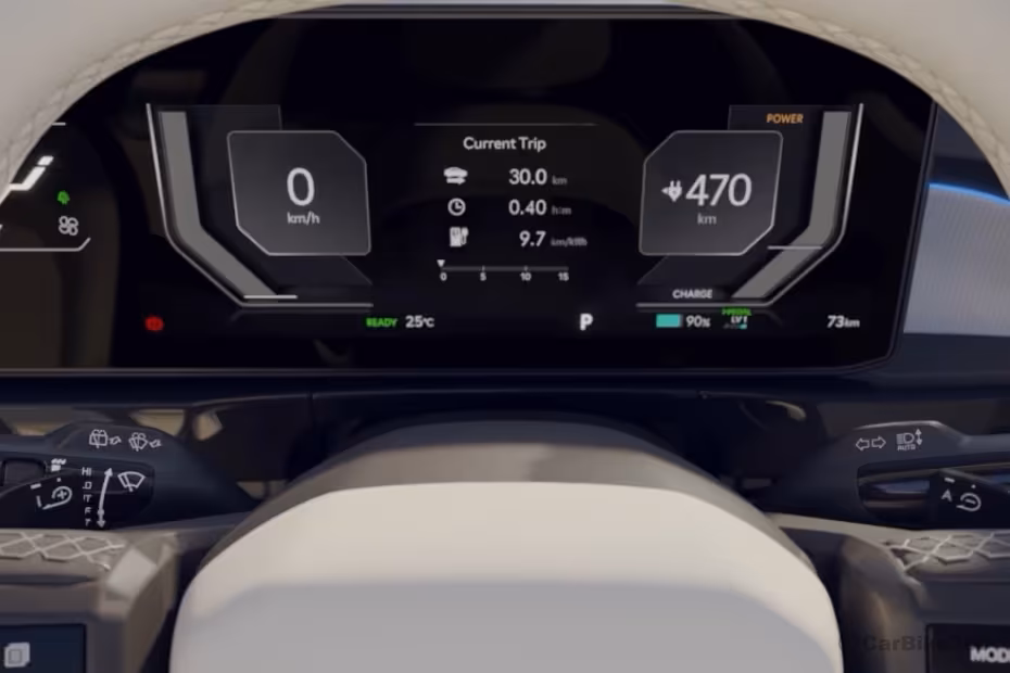Kia Syros EV SUV Driver Digital Instrument Cluster showing real time driving statistics Kia Syros EV SUV Driver Digital Instrument Cluster showing real time driving statistics