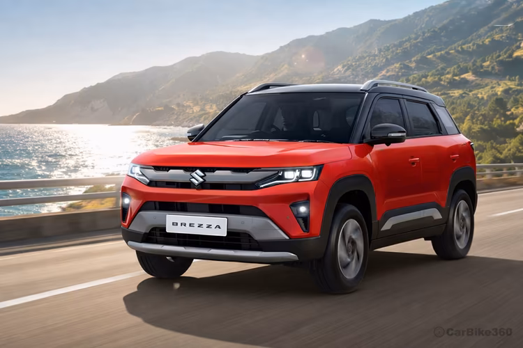 Maruti Suzuki Brezza Sizzling Red With Bluish Black Roof SUV Left Front Side Exterior View Maruti Suzuki Brezza Sizzling Red With Bluish Black Roof SUV Left Front Side Exterior View