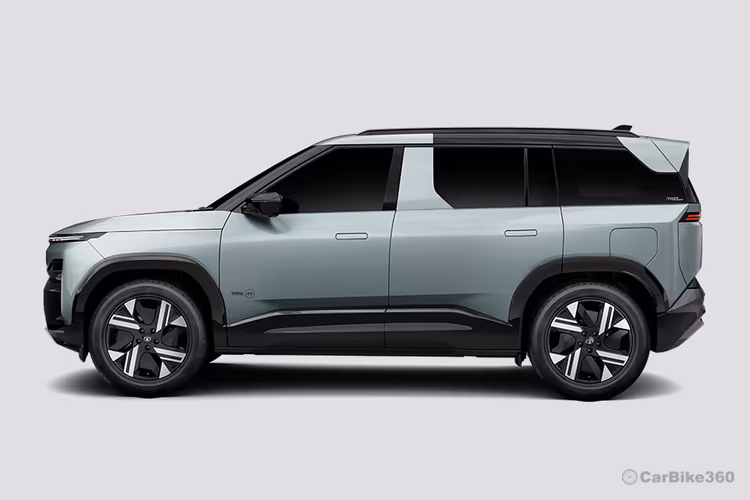 Tata Sierra EV Rishikesh Rapid colour suv left side profile with alloy wheels Tata Sierra EV Rishikesh Rapid colour suv left side profile with alloy wheels