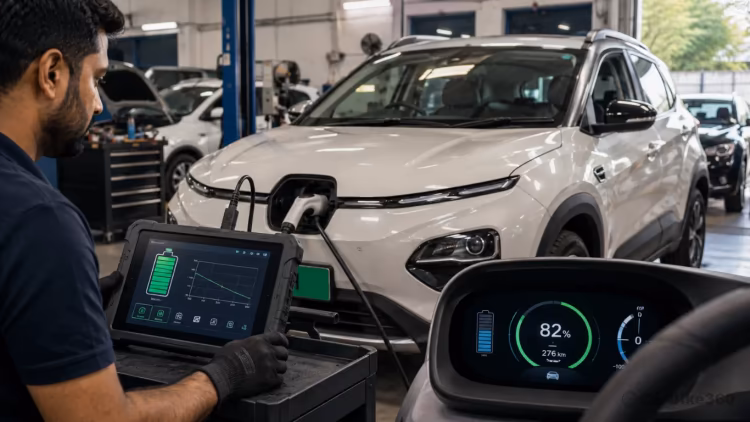 How to Check Used EV Battery Health Before Buying in India (2026 Guide) A modern electric SUV undergoing a battery health diagnostic check at an authorised EV service centre in India, displaying battery percentage, estimated range, and battery health metrics on digital screens.